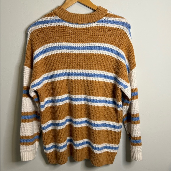 American Eagle Outfitters Oversized Waffle Knit Tan and Blue Striped Sweater - Picture 3 of 6